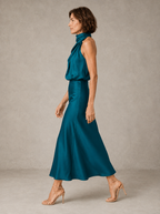 Sabine | Teal Satin Draped Halter-Neck Midi Dress