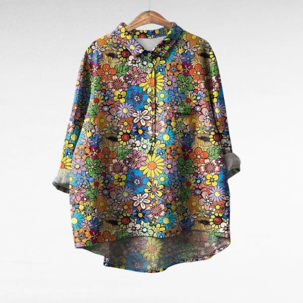 Cora | Floral Long Sleeve Blouse with Collar and Curved Hem