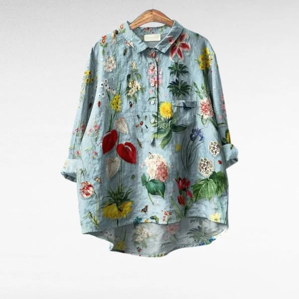 Cora | Floral Long Sleeve Blouse with Collar and Curved Hem