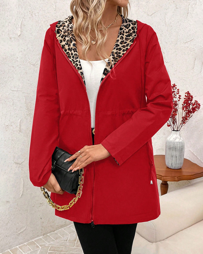 Reversible Hooded Coat with Leopard Print