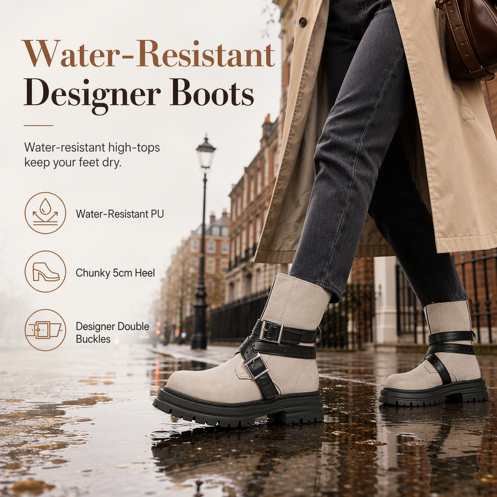Women's Round Toe Boots with Buckle Strap Chunky Mid Heel Platform Ankle Boots