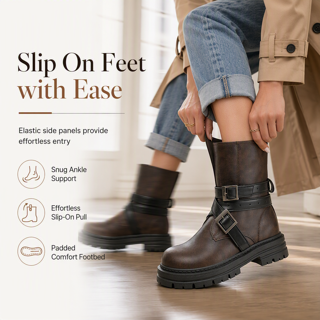 Women's Round Toe Boots with Buckle Strap Chunky Mid Heel Platform Ankle Boots