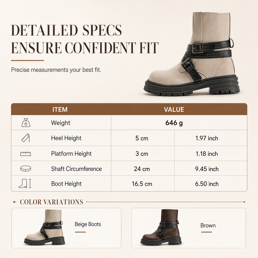 Women's Round Toe Boots with Buckle Strap Chunky Mid Heel Platform Ankle Boots