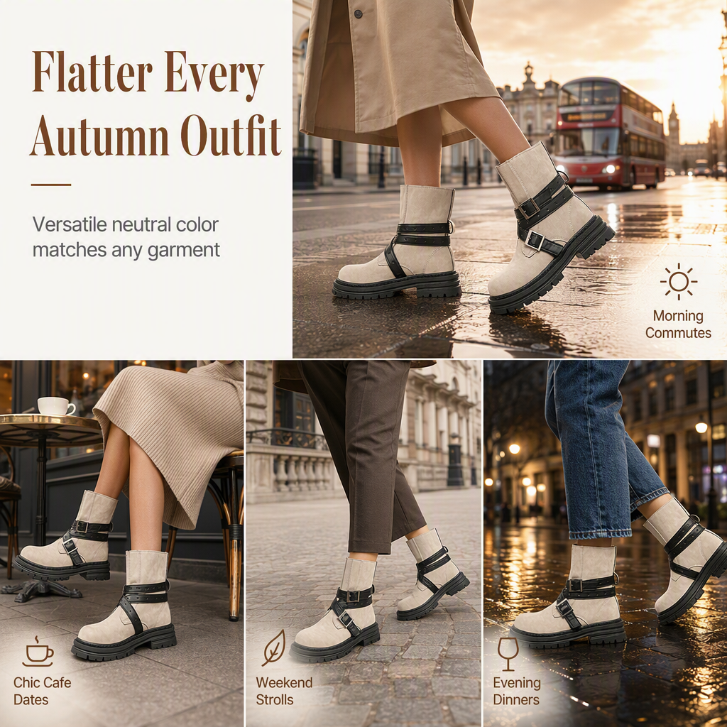 Women's Round Toe Boots with Buckle Strap Chunky Mid Heel Platform Ankle Boots
